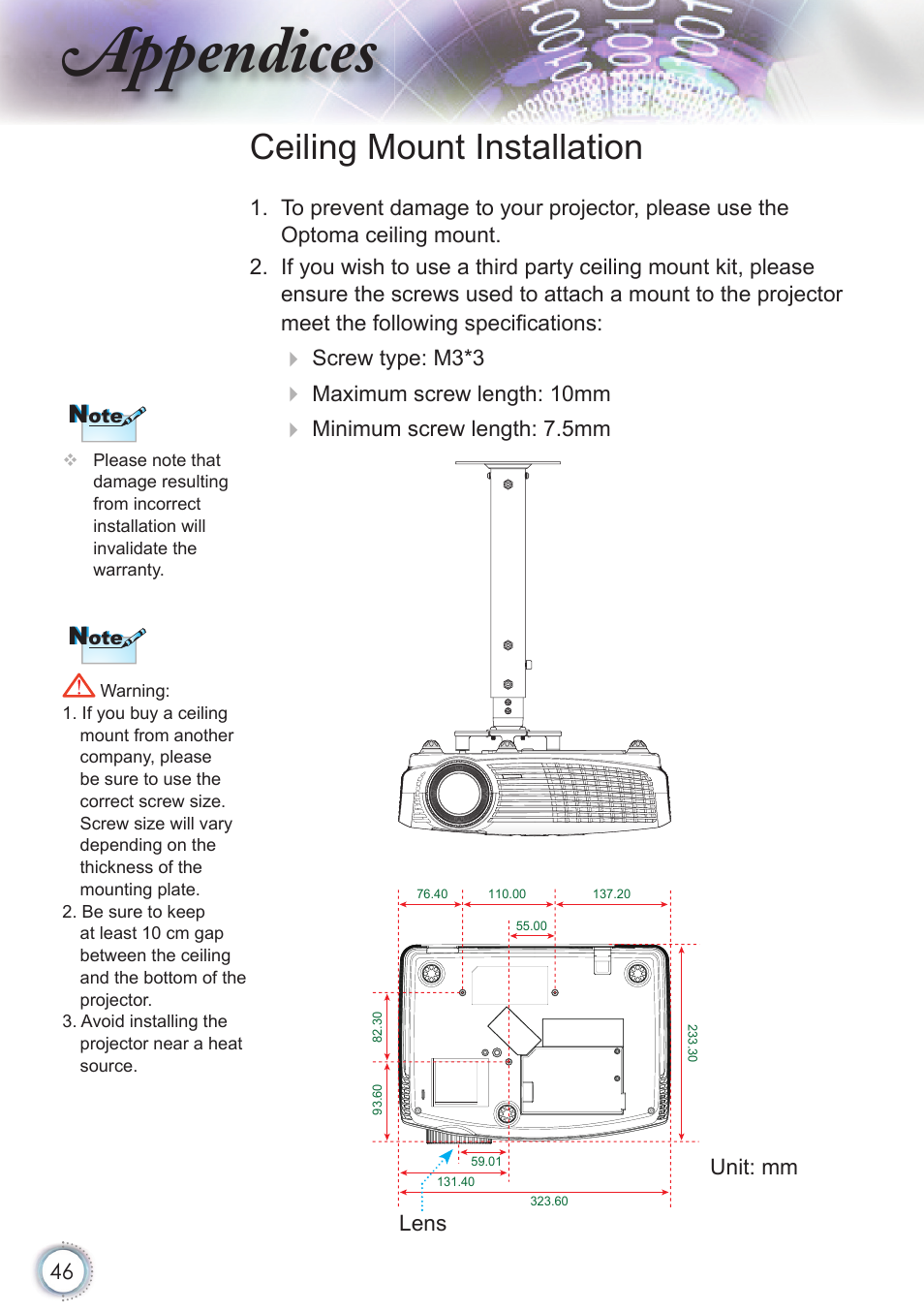 Appendices, Ceiling mount installation | Optoma HD20 User Manual | Page 46 / 50