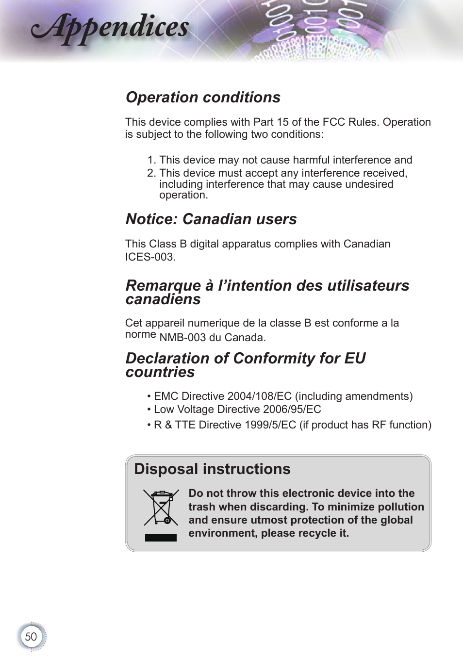 Appendices, Operation conditions, Notice: canadian users | Remarque à l’intention des utilisateurs canadiens, Declaration of conformity for eu countries, Disposal instructions | Optoma HD20 User Manual | Page 50 / 50