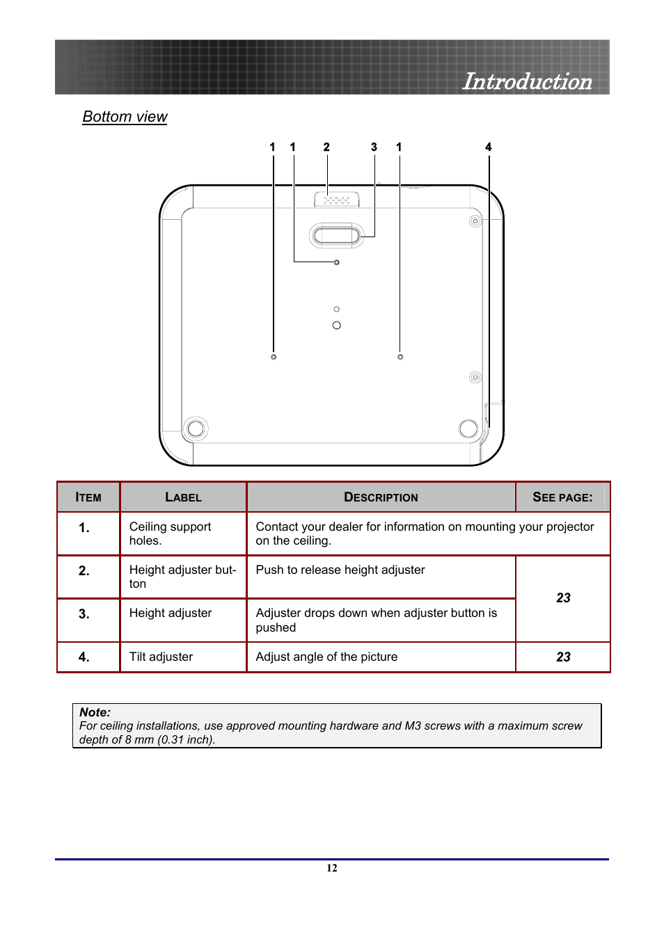 Bottom view, Introduction | Optoma Optoma EP771 User Manual | Page 12 / 53