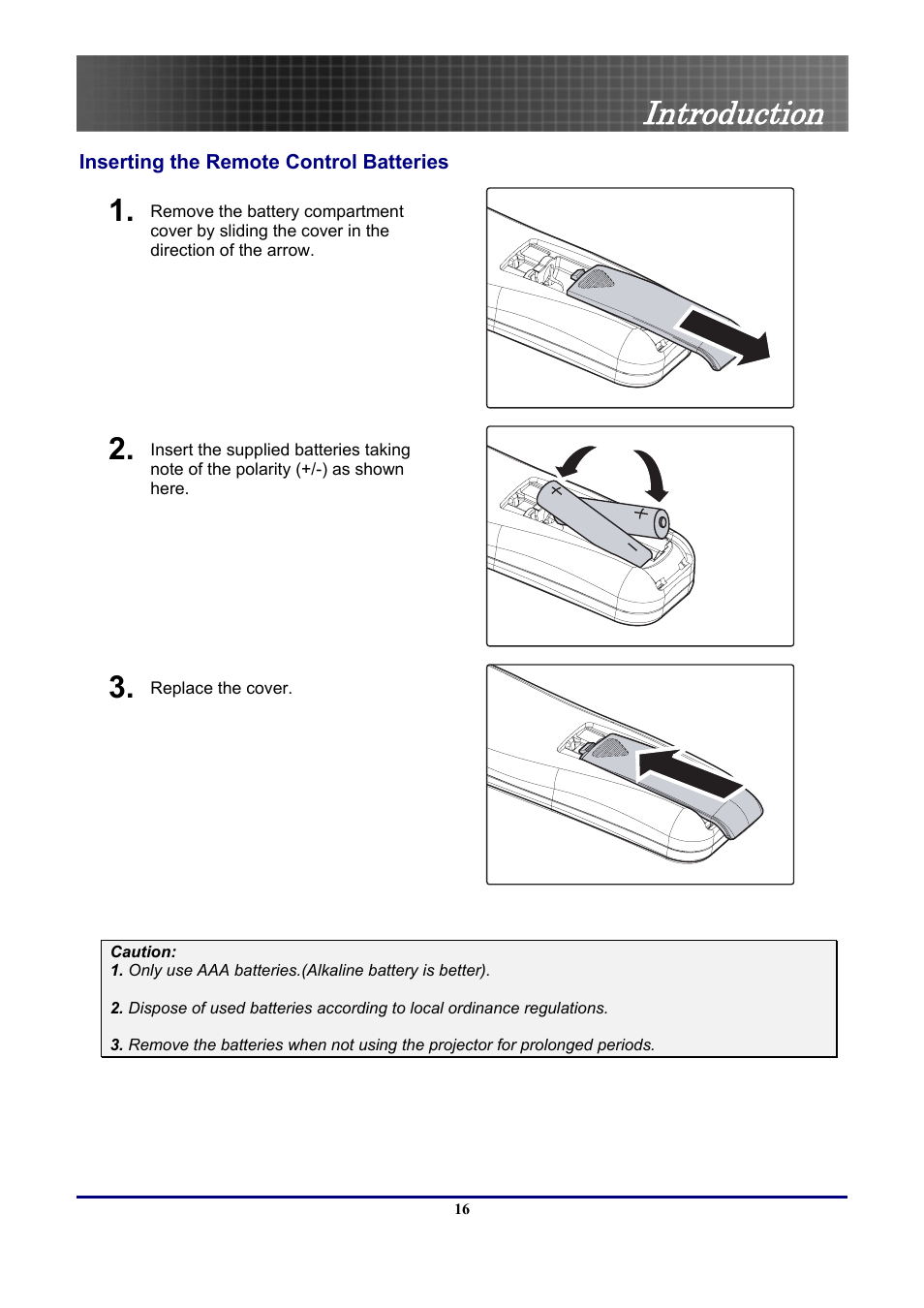 Inserting the remote control batteries, Introduction | Optoma Optoma EP771 User Manual | Page 16 / 53