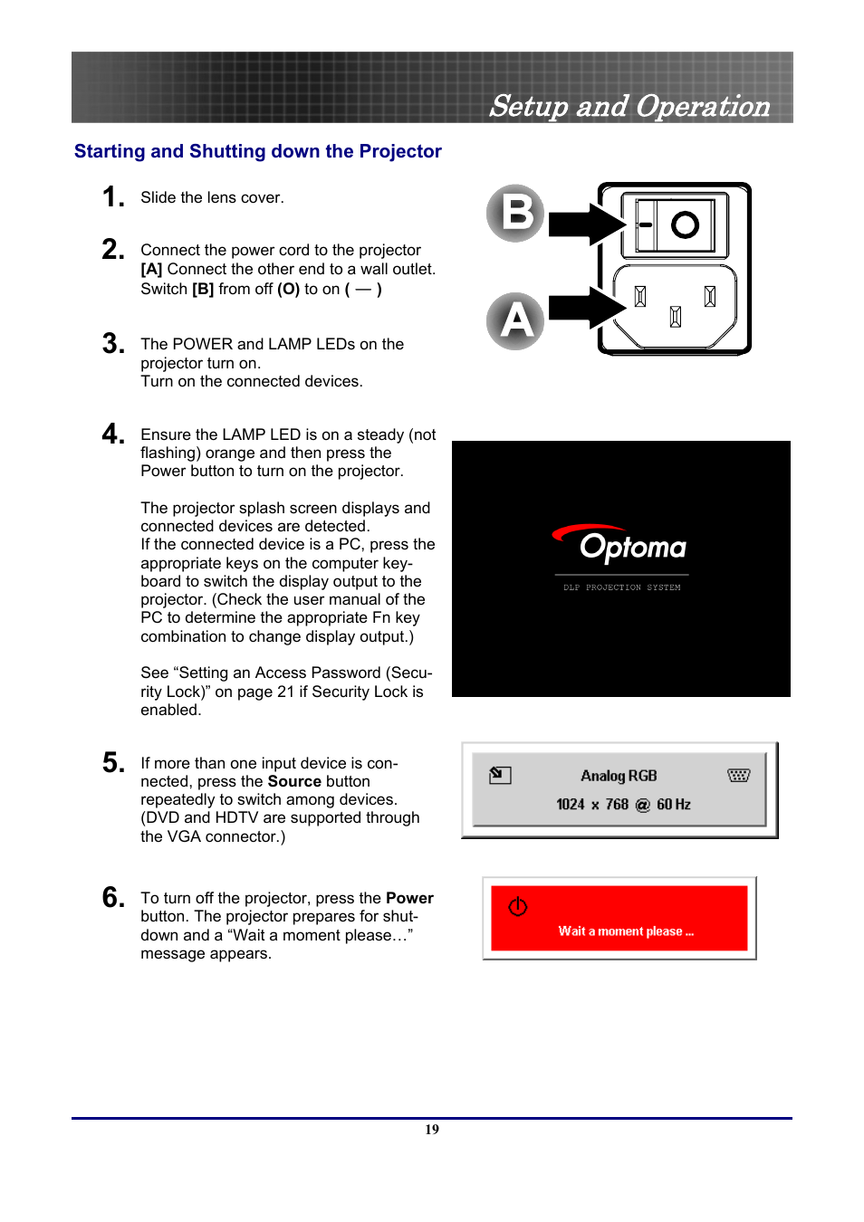 Starting and shutting down the projector, Setup and operation | Optoma Optoma EP771 User Manual | Page 19 / 53