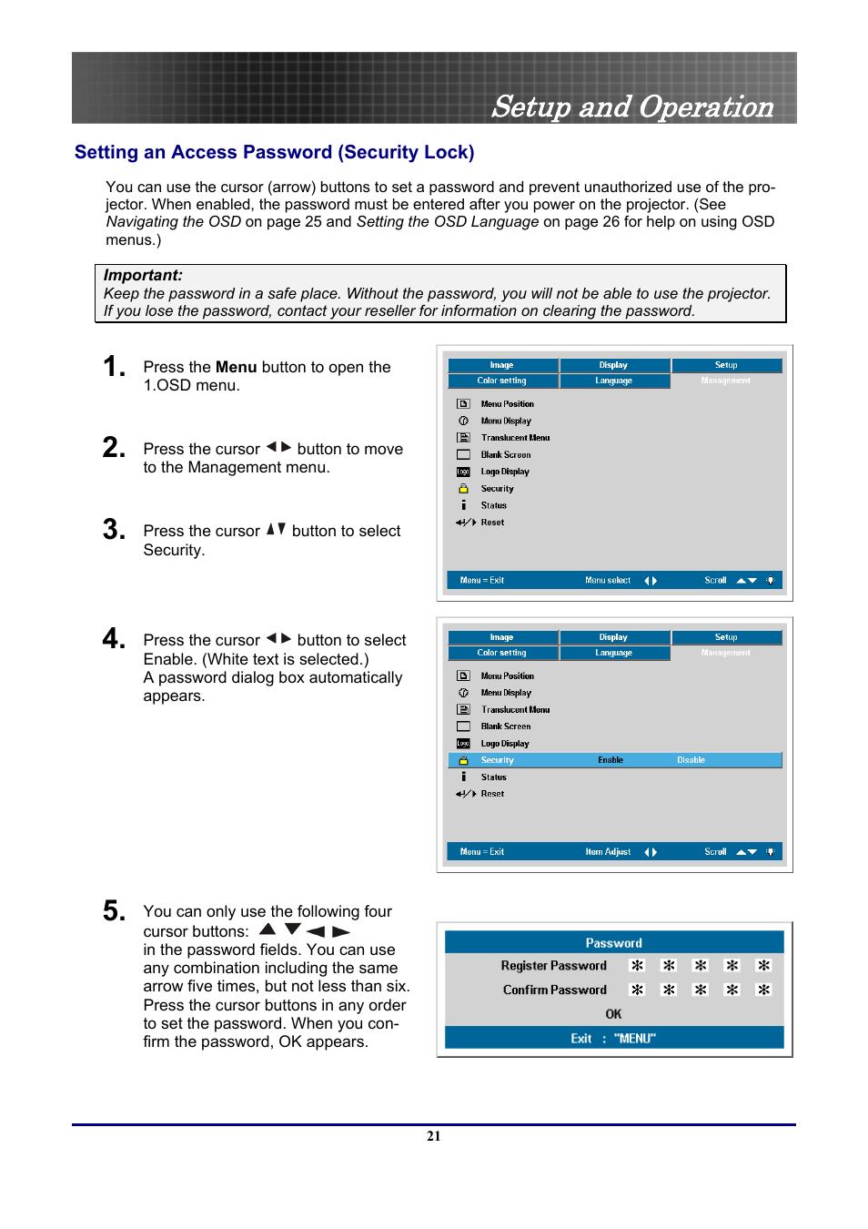 Setting an access password (security lock), Setup and operation | Optoma Optoma EP771 User Manual | Page 21 / 53