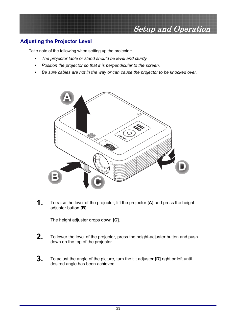 Adjusting the projector level, Ac b d, Setup and operation | Optoma Optoma EP771 User Manual | Page 23 / 53