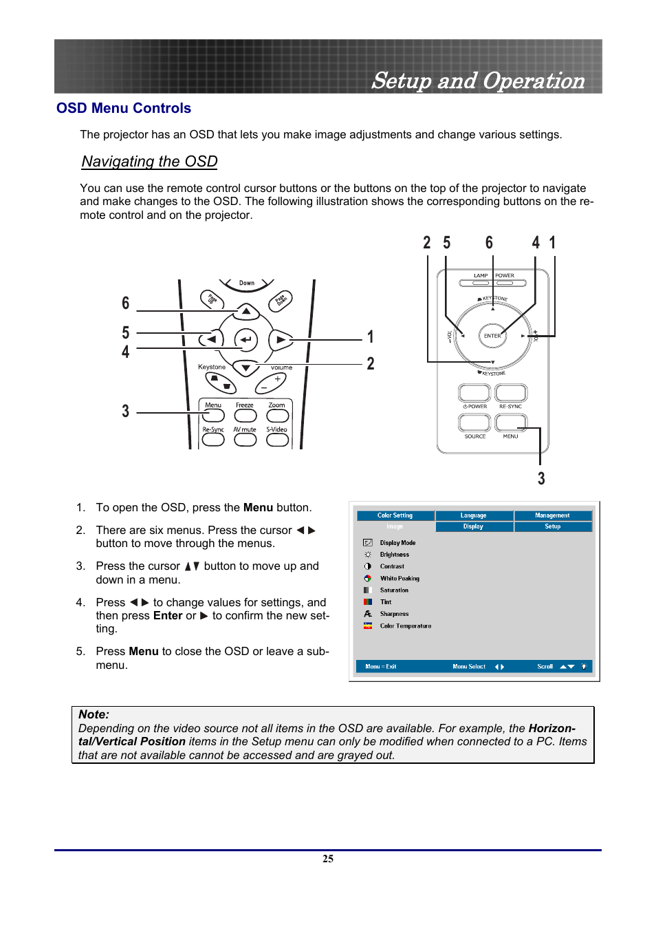 Osd menu controls, Navigating the osd, Setup and operation | Optoma Optoma EP771 User Manual | Page 25 / 53