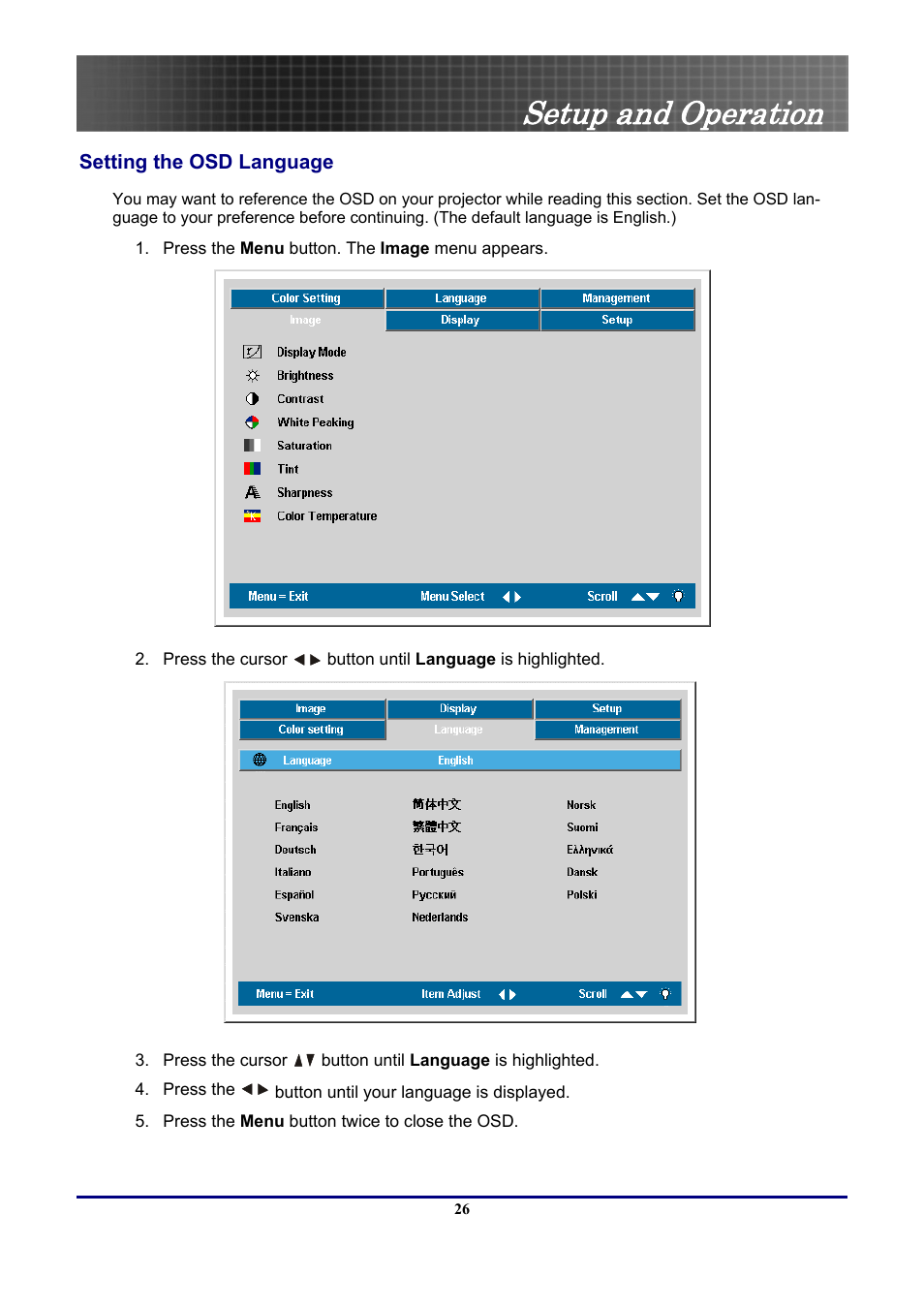 Setting the osd language, Setup and operation | Optoma Optoma EP771 User Manual | Page 26 / 53