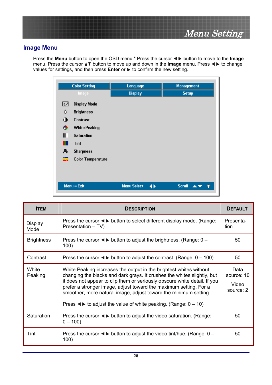 Image menu, Display mode, Menu setting | Optoma Optoma EP771 User Manual | Page 28 / 53