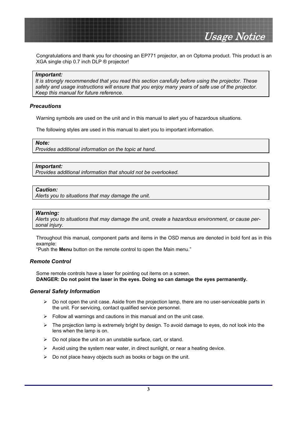Usage notice | Optoma Optoma EP771 User Manual | Page 3 / 53