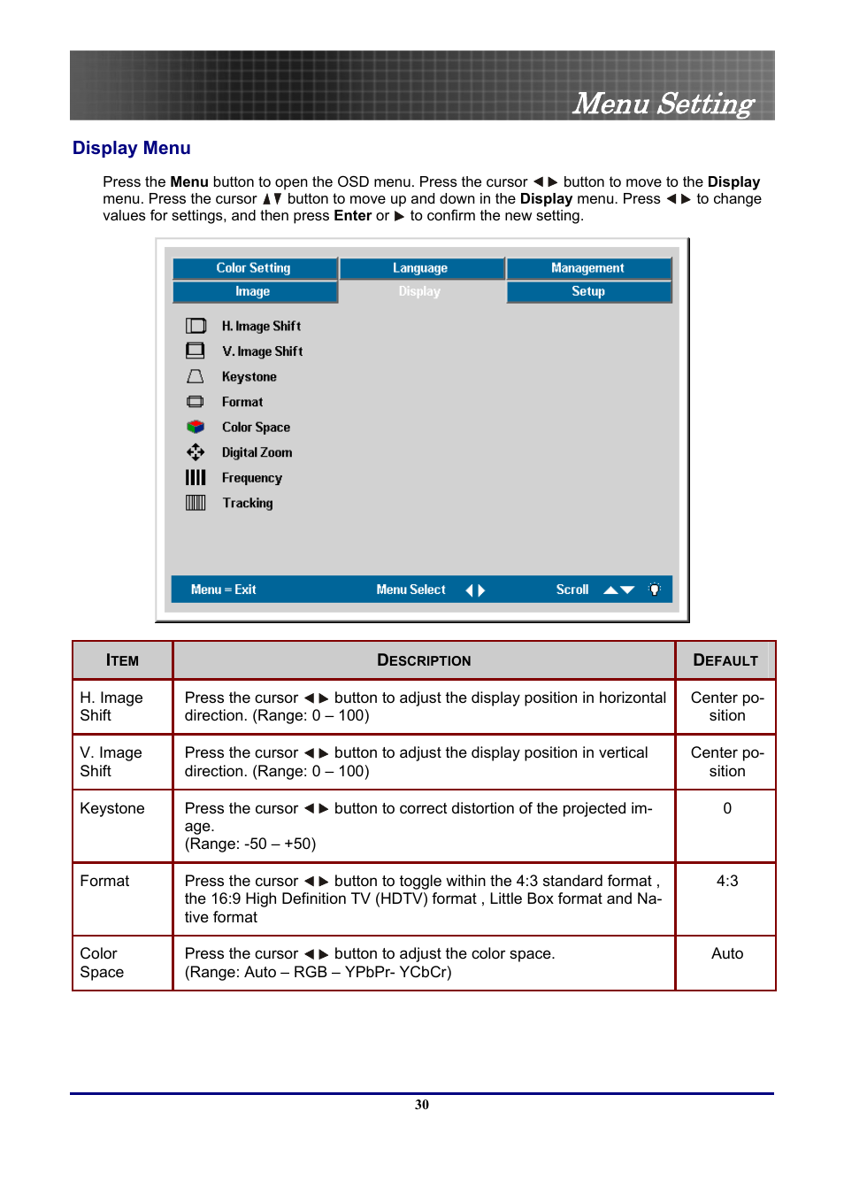 Display menu, Menu setting | Optoma Optoma EP771 User Manual | Page 30 / 53