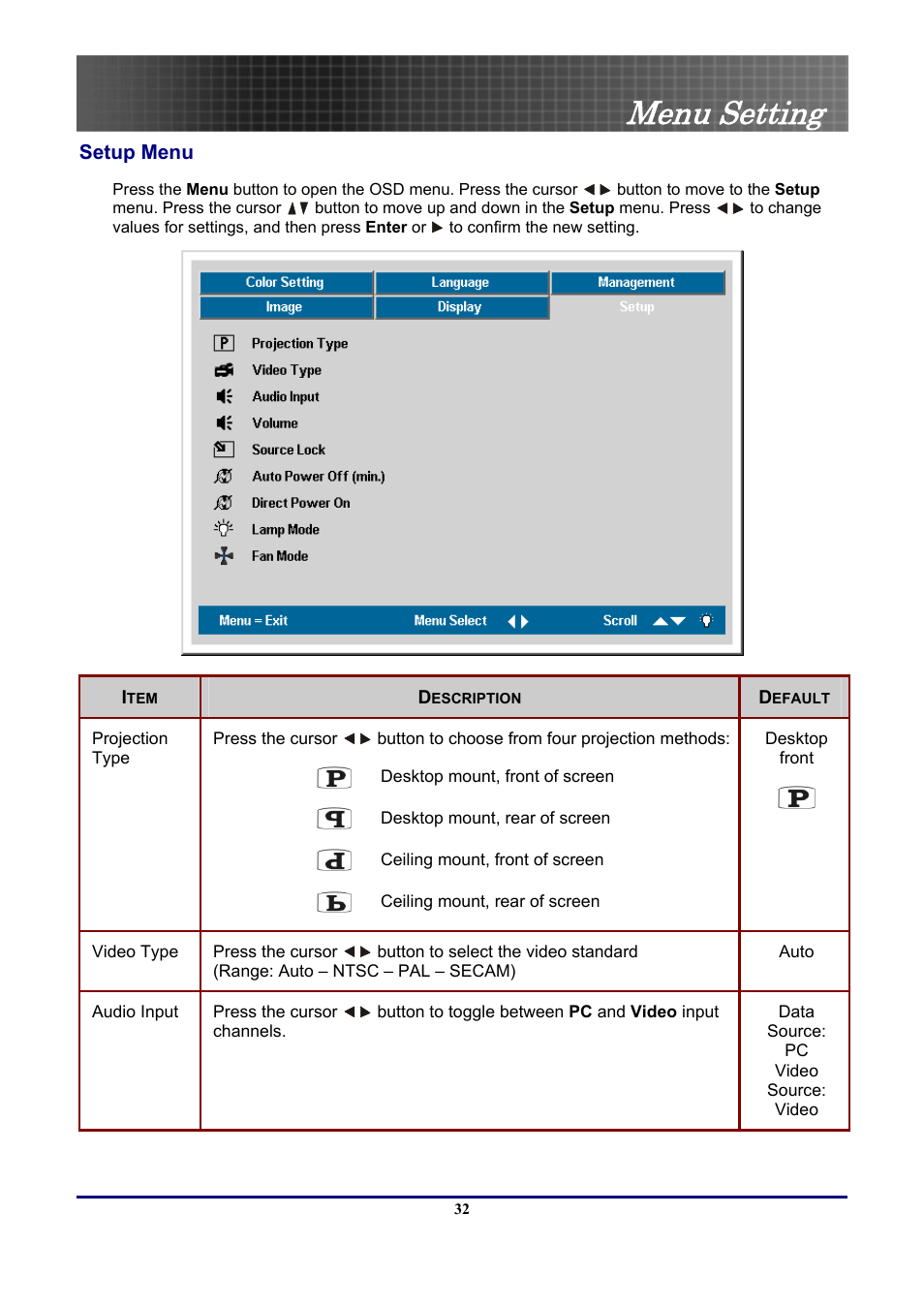 Setup menu, Menu setting | Optoma Optoma EP771 User Manual | Page 32 / 53