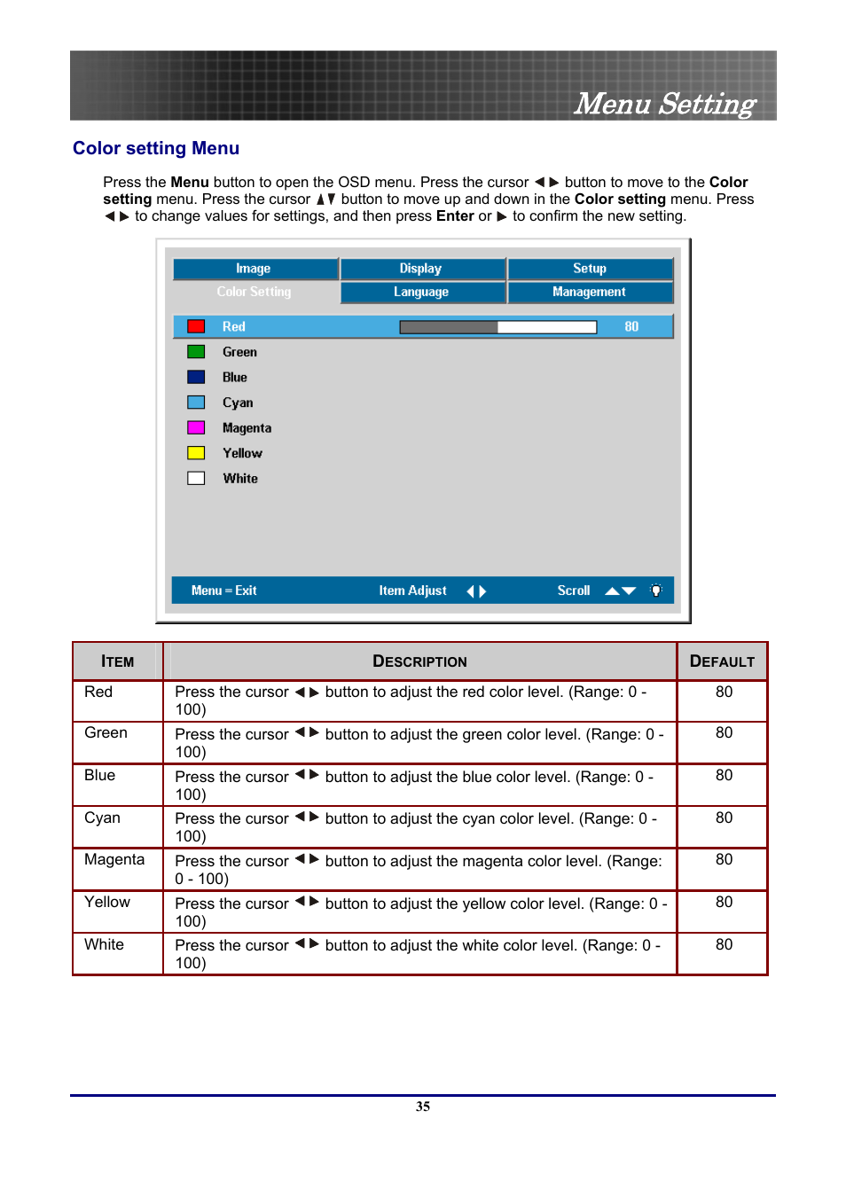 Color setting menu, Menu setting | Optoma Optoma EP771 User Manual | Page 35 / 53