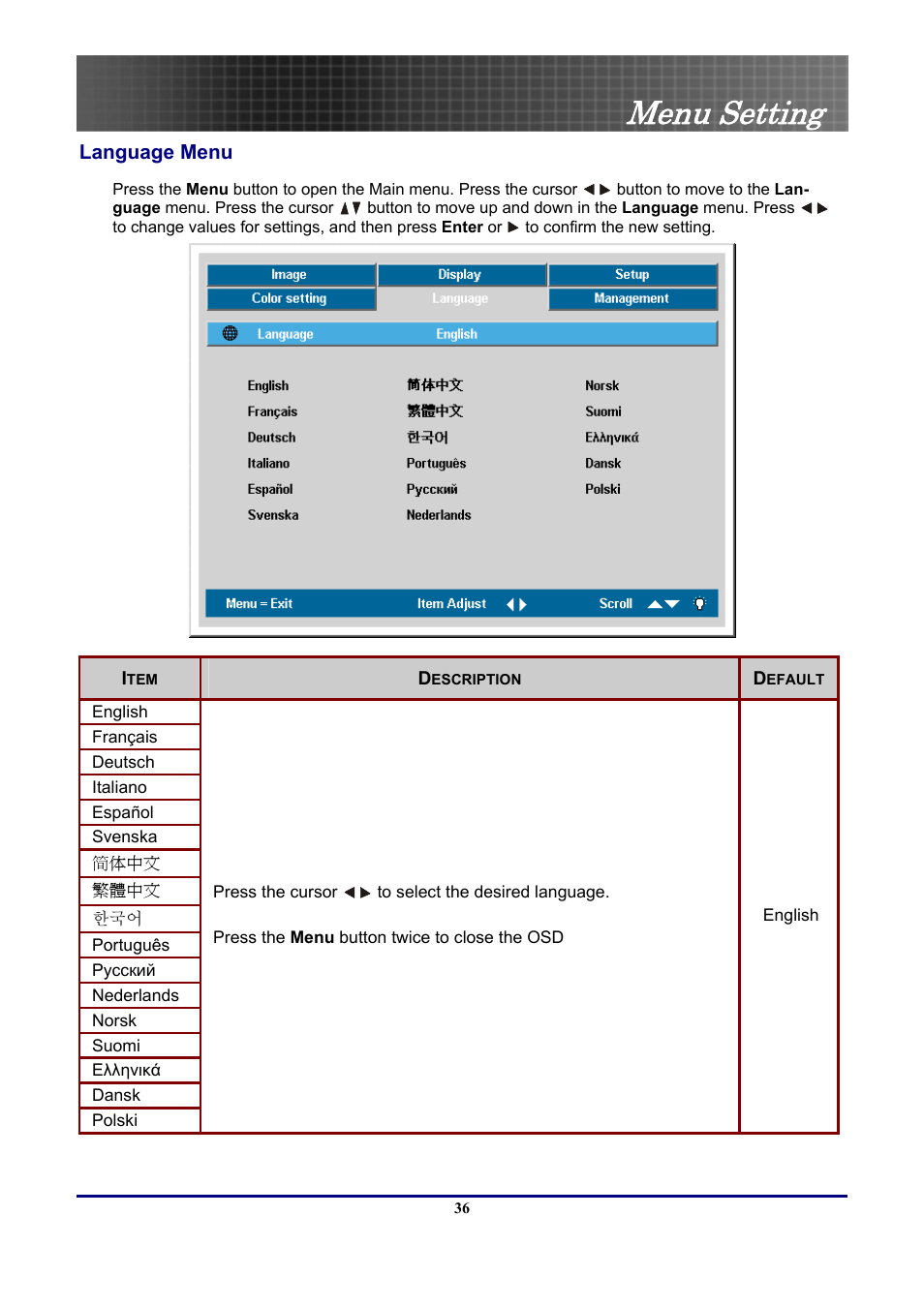 Language menu, Menu setting | Optoma Optoma EP771 User Manual | Page 36 / 53