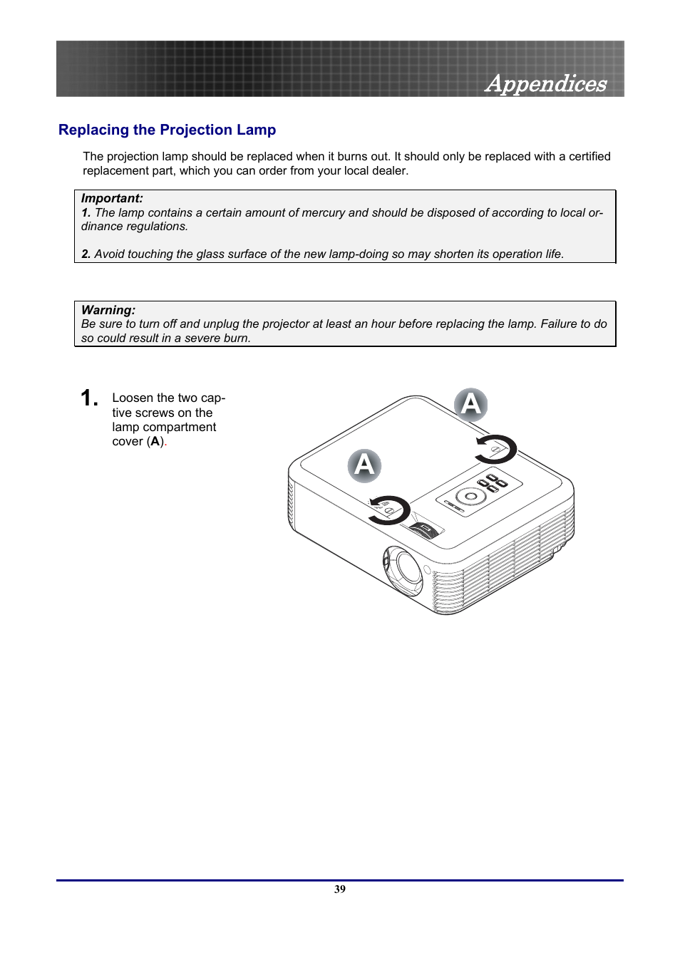 Appendices, Replacing the projection lamp | Optoma Optoma EP771 User Manual | Page 39 / 53