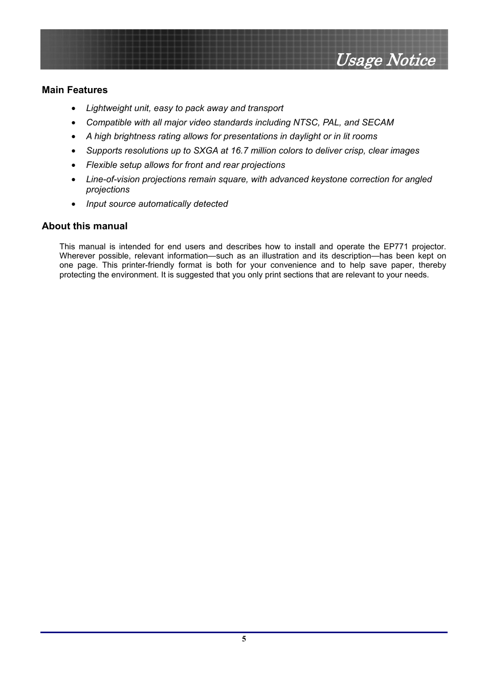 Usage notice | Optoma Optoma EP771 User Manual | Page 5 / 53