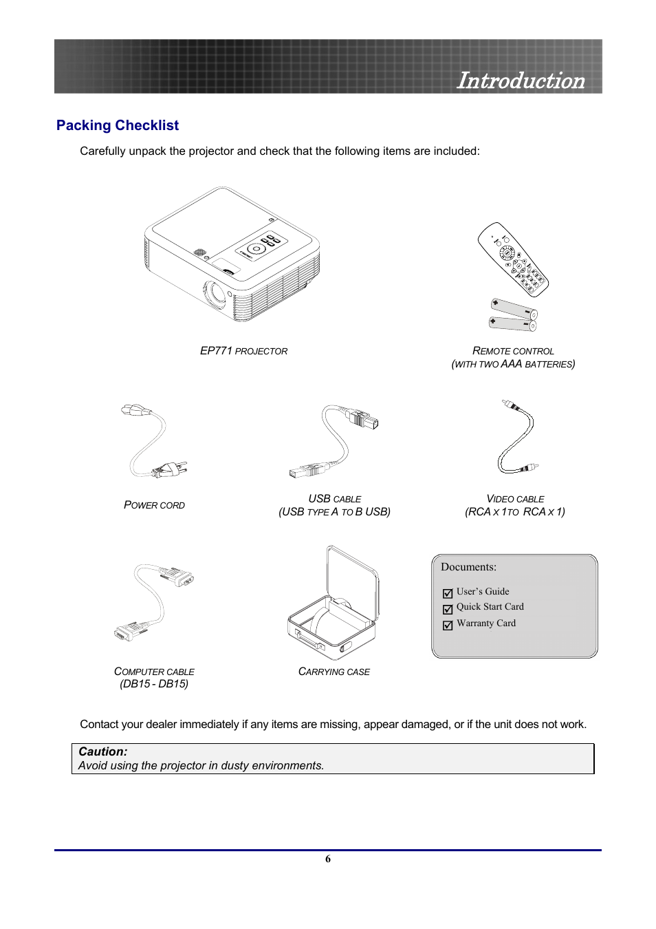 Introduction, Packing checklist | Optoma Optoma EP771 User Manual | Page 6 / 53