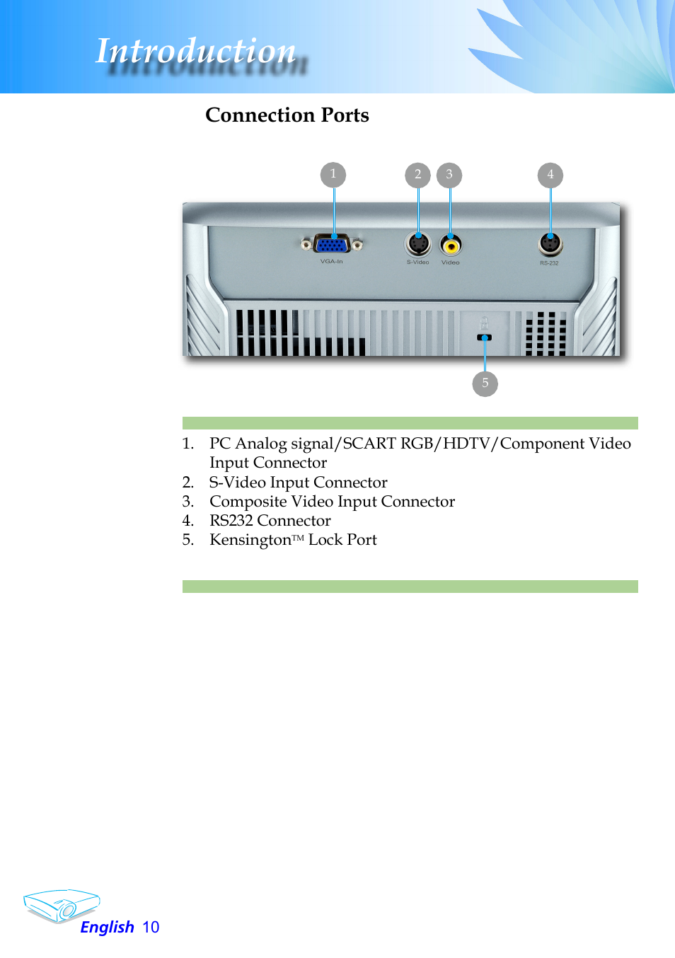 Introduction, Connection ports | Optoma Optoma EP706 User Manual | Page 10 / 38