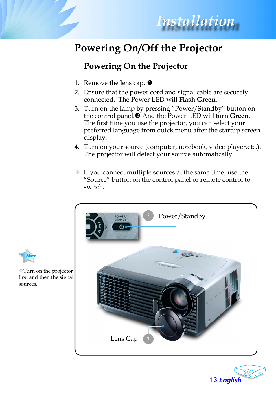 Installation, Powering on/off the projector, Powering on the projector | Optoma Optoma EP706 User Manual | Page 13 / 38