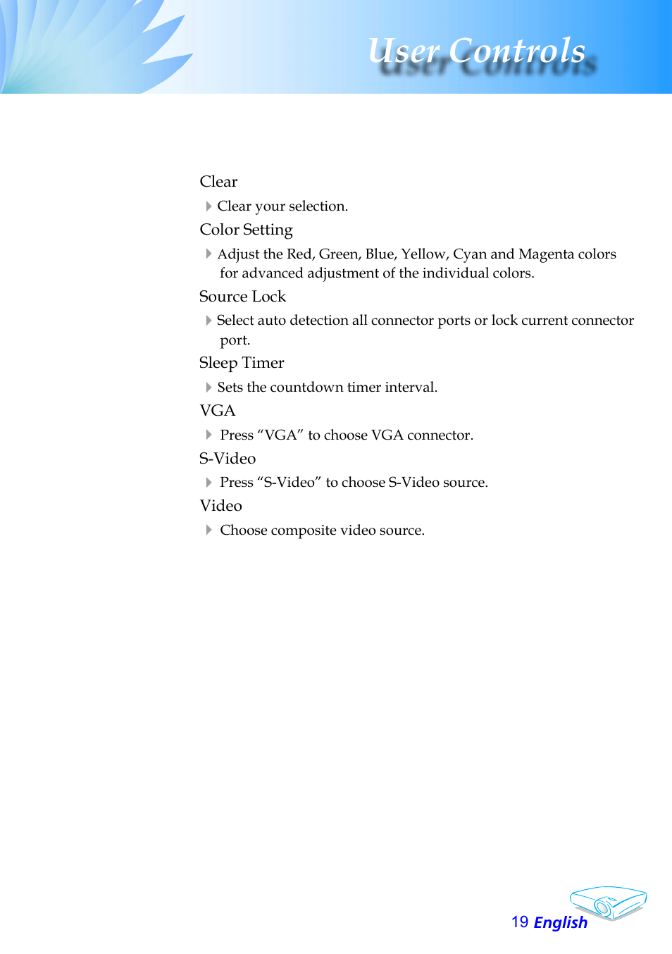 User controls | Optoma Optoma EP706 User Manual | Page 19 / 38