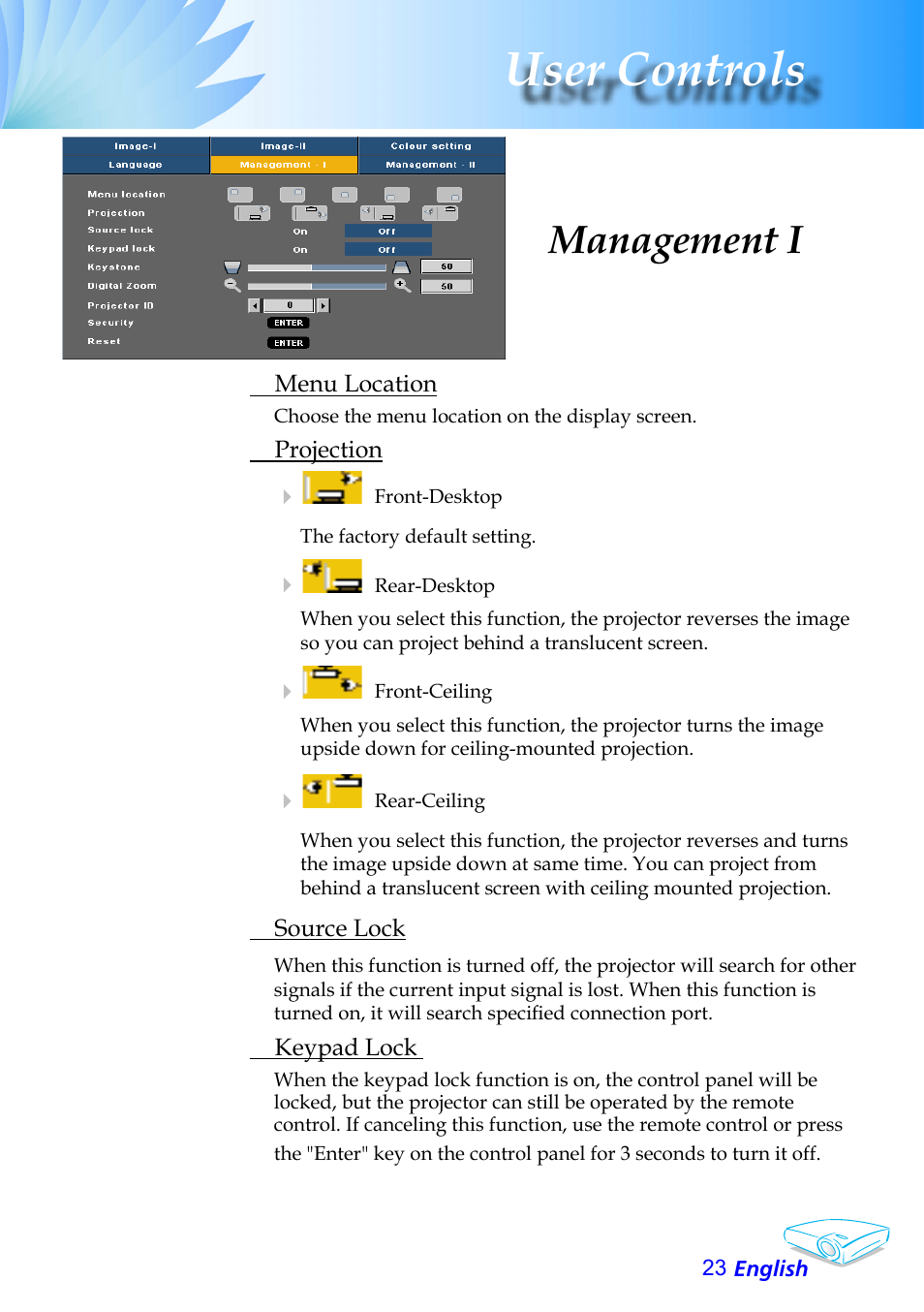 User controls, Management i | Optoma Optoma EP706 User Manual | Page 23 / 38