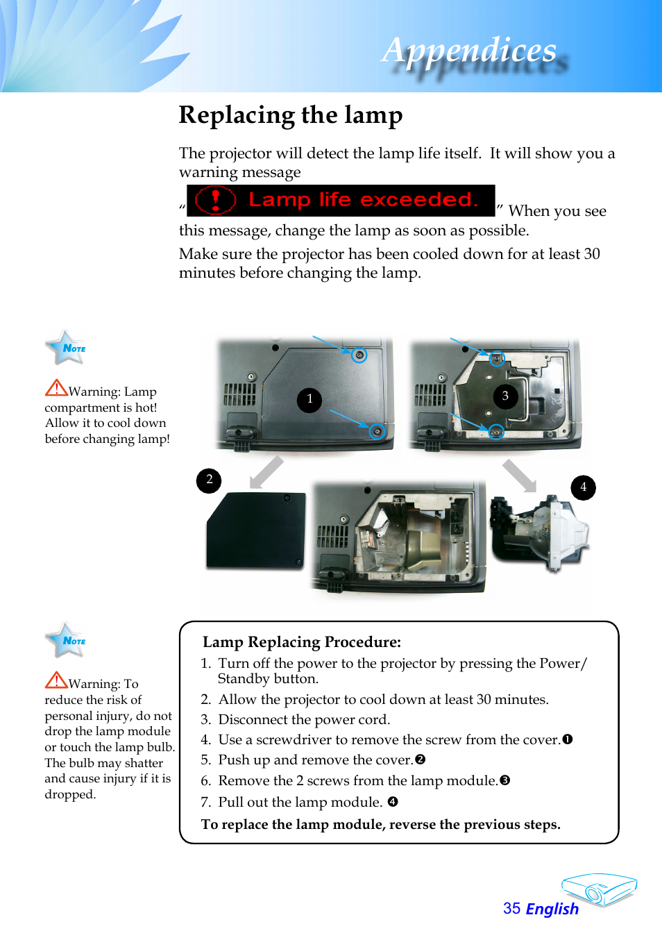 Appendices, Replacing the lamp | Optoma Optoma EP706 User Manual | Page 35 / 38