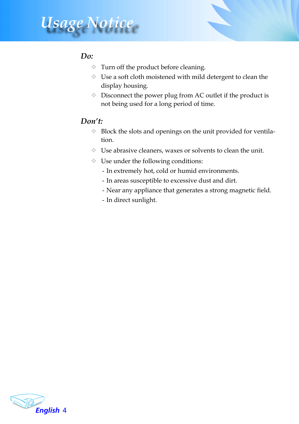 Usage notice | Optoma Optoma EP706 User Manual | Page 4 / 38