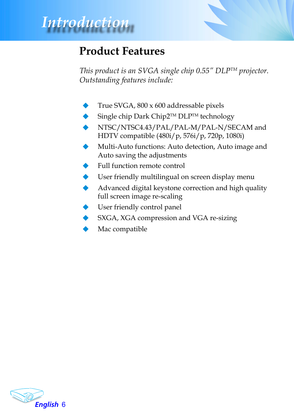 Introduction, Product features | Optoma Optoma EP706 User Manual | Page 6 / 38