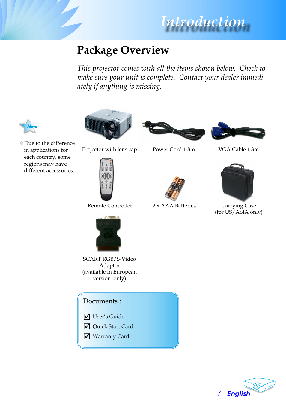 Introduction, Package overview | Optoma Optoma EP706 User Manual | Page 7 / 38