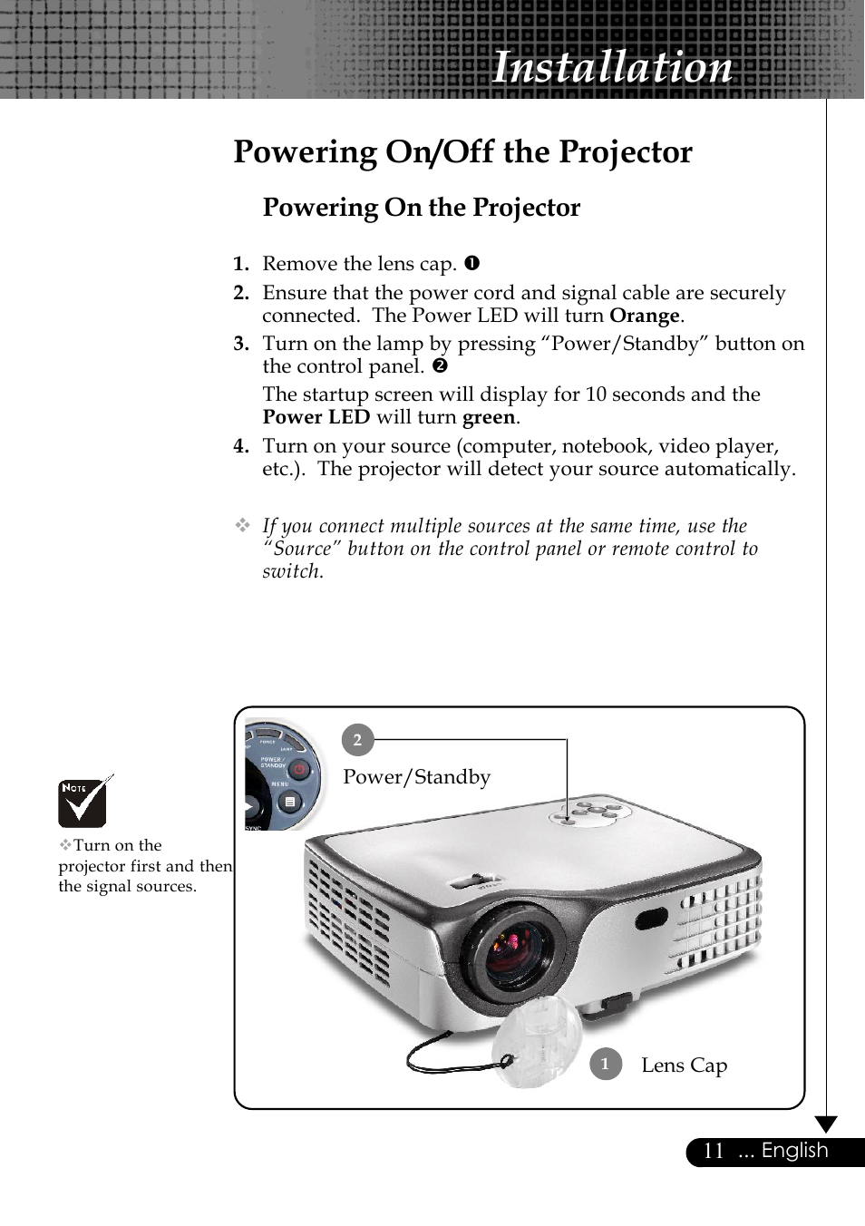 Installation, Powering on/off the projector, Powering on the projector | Optoma Optoma EP729 User Manual | Page 11 / 31