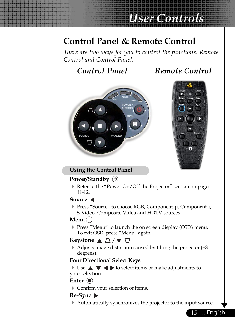 User controls, Control panel & remote control, Remote control control panel | Optoma Optoma EP729 User Manual | Page 15 / 31