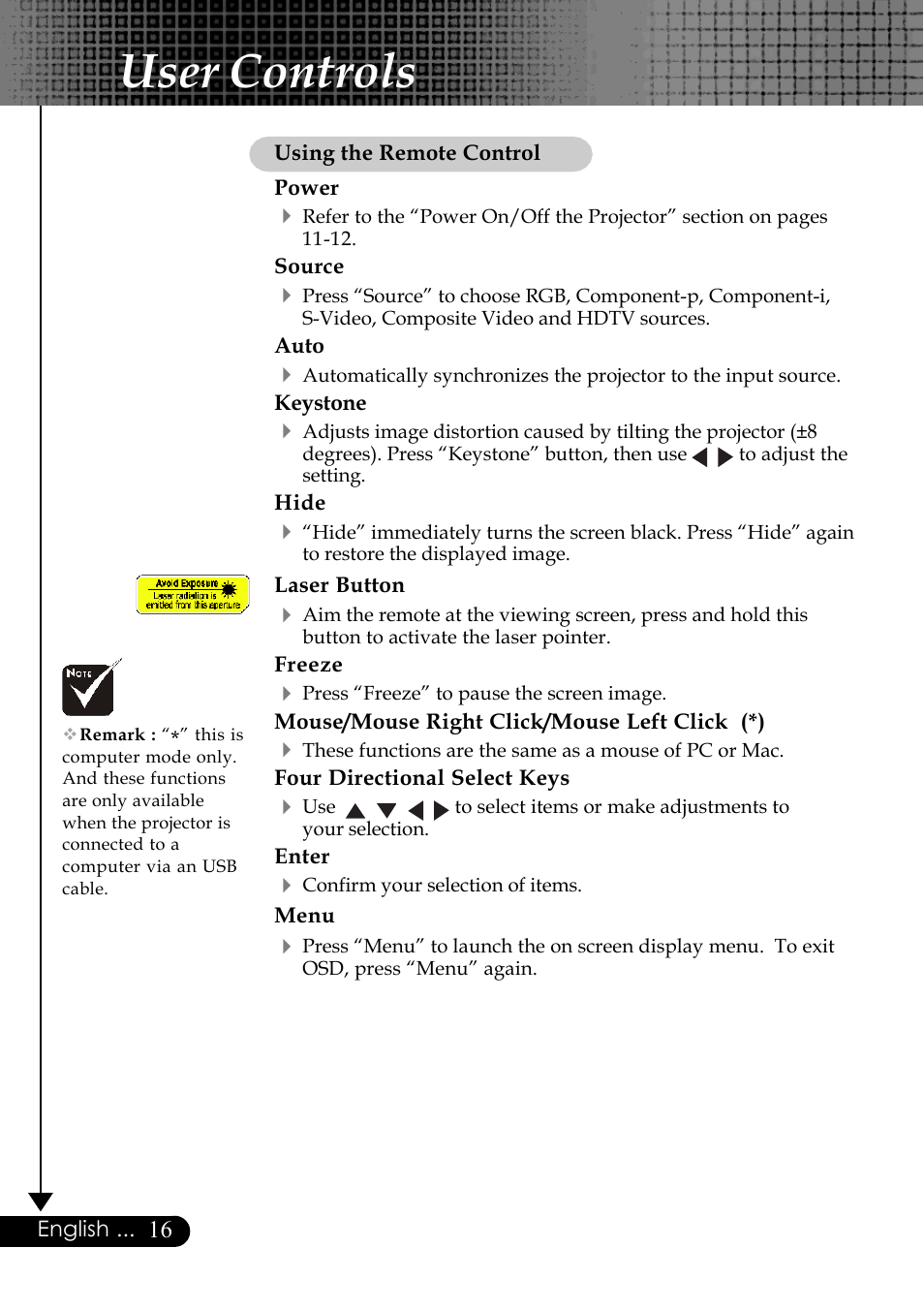 User controls | Optoma Optoma EP729 User Manual | Page 16 / 31