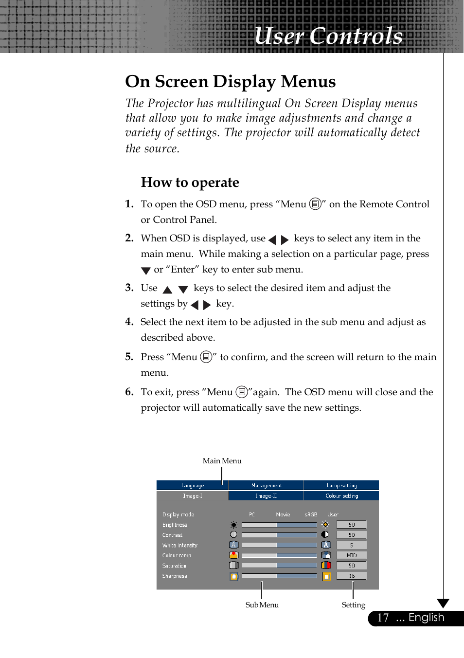 User controls, On screen display menus, How to operate | Optoma Optoma EP729 User Manual | Page 17 / 31