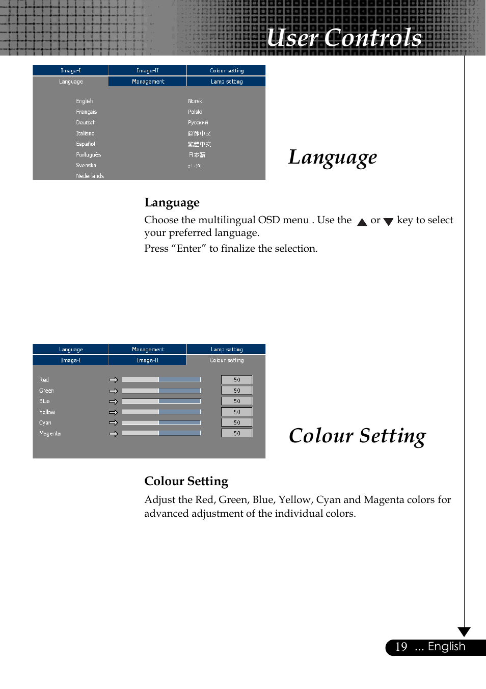 User controls, Language, Colour setting | Optoma Optoma EP729 User Manual | Page 19 / 31