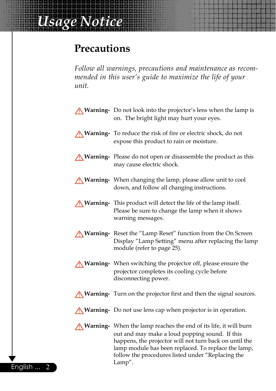 Usage notice, Precautions | Optoma Optoma EP729 User Manual | Page 2 / 31