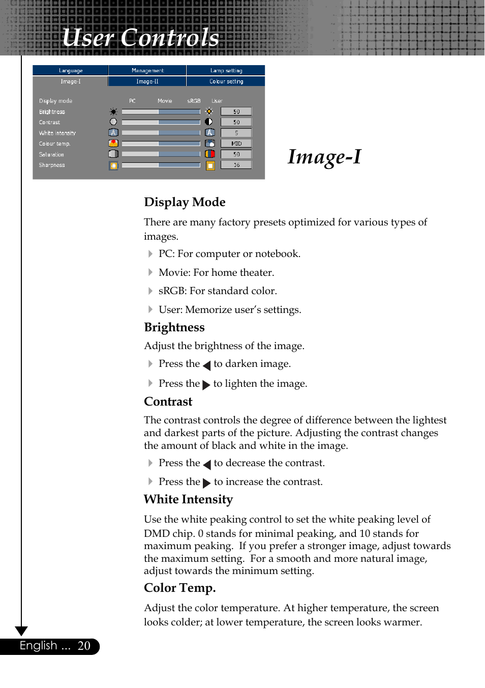 User controls, Image-i | Optoma Optoma EP729 User Manual | Page 20 / 31