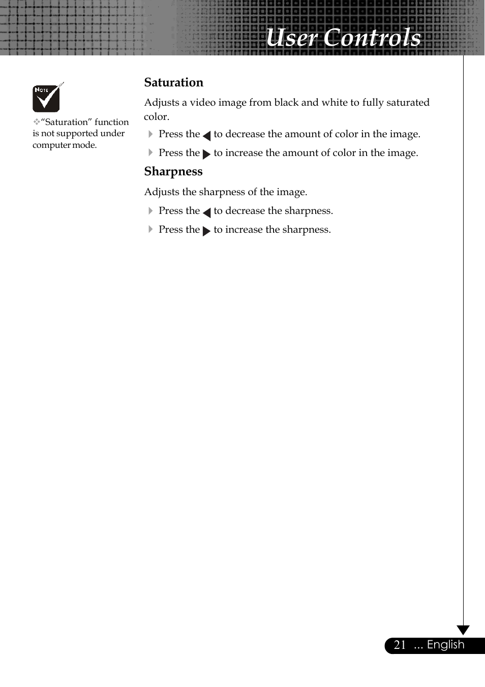 User controls | Optoma Optoma EP729 User Manual | Page 21 / 31