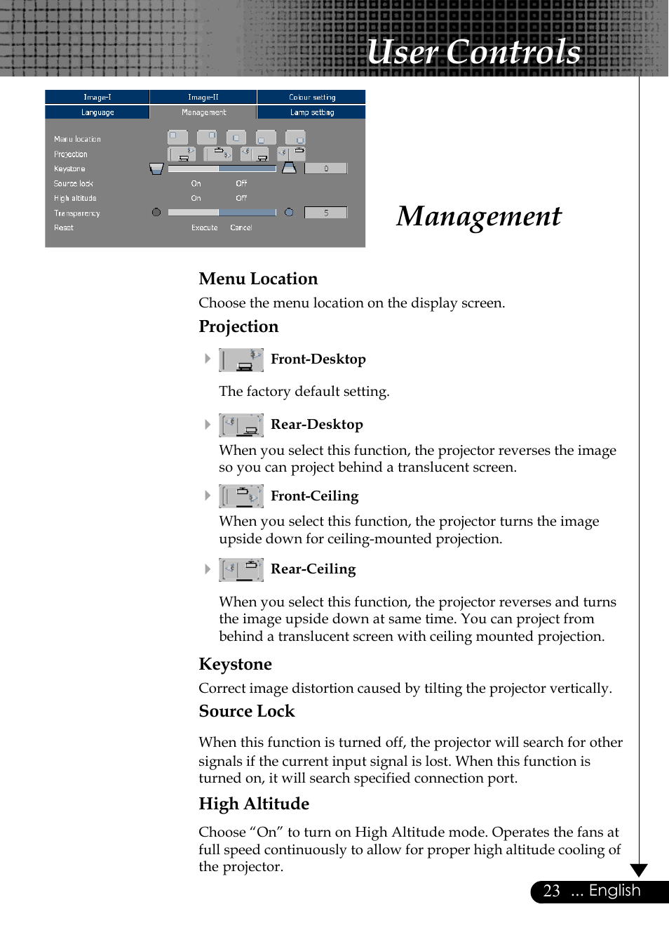 User controls, Management | Optoma Optoma EP729 User Manual | Page 23 / 31