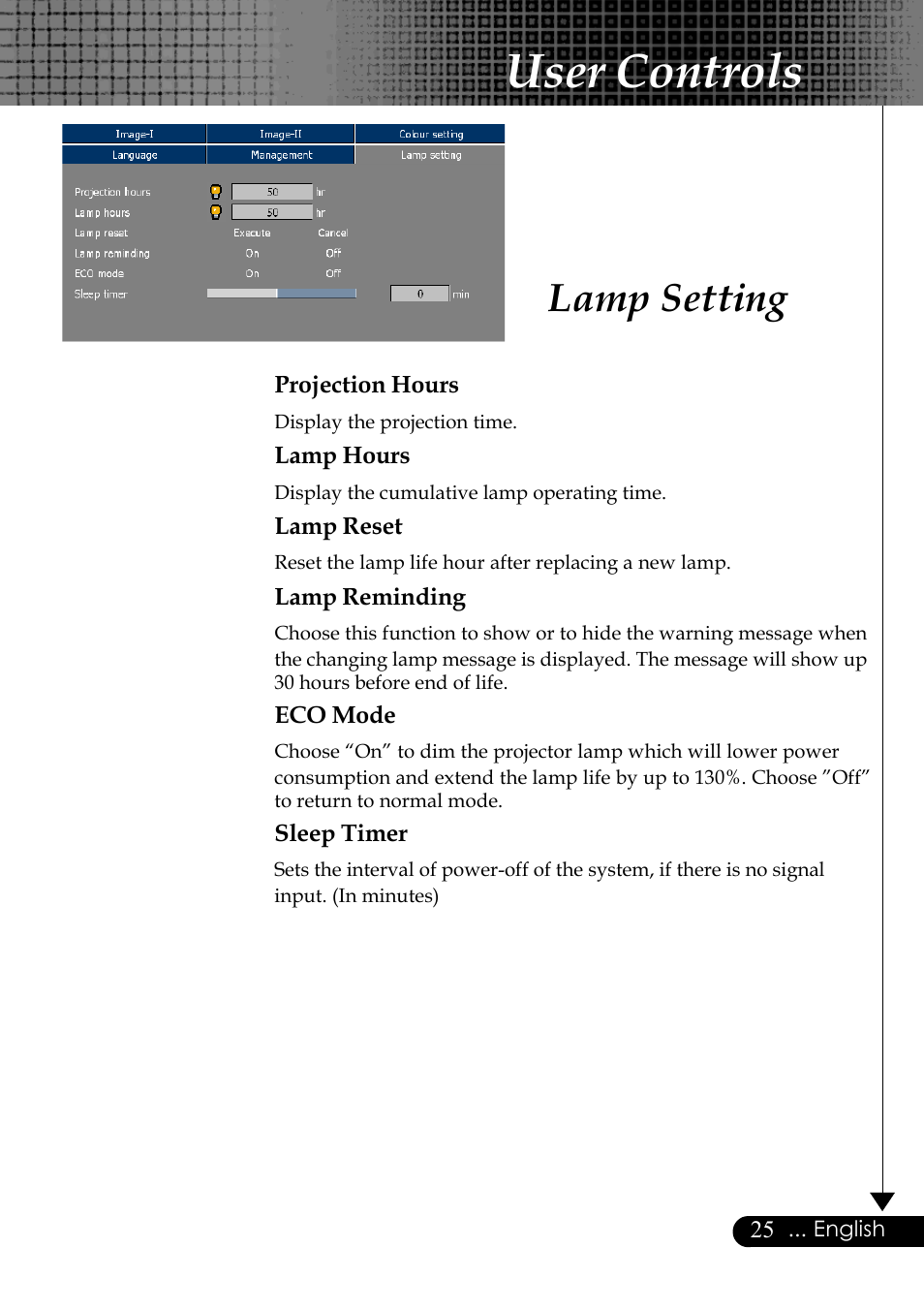 User controls, Lamp setting | Optoma Optoma EP729 User Manual | Page 25 / 31