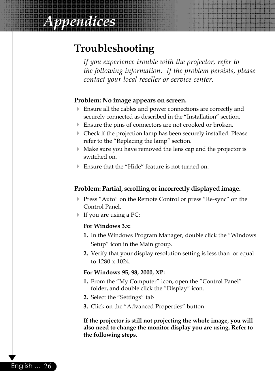 Appendices, Troubleshooting | Optoma Optoma EP729 User Manual | Page 26 / 31