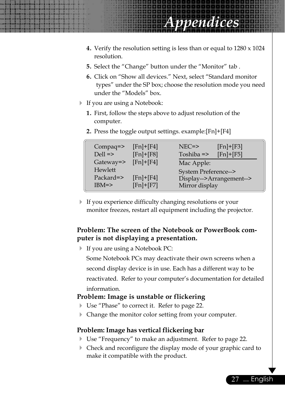 Appendices | Optoma Optoma EP729 User Manual | Page 27 / 31