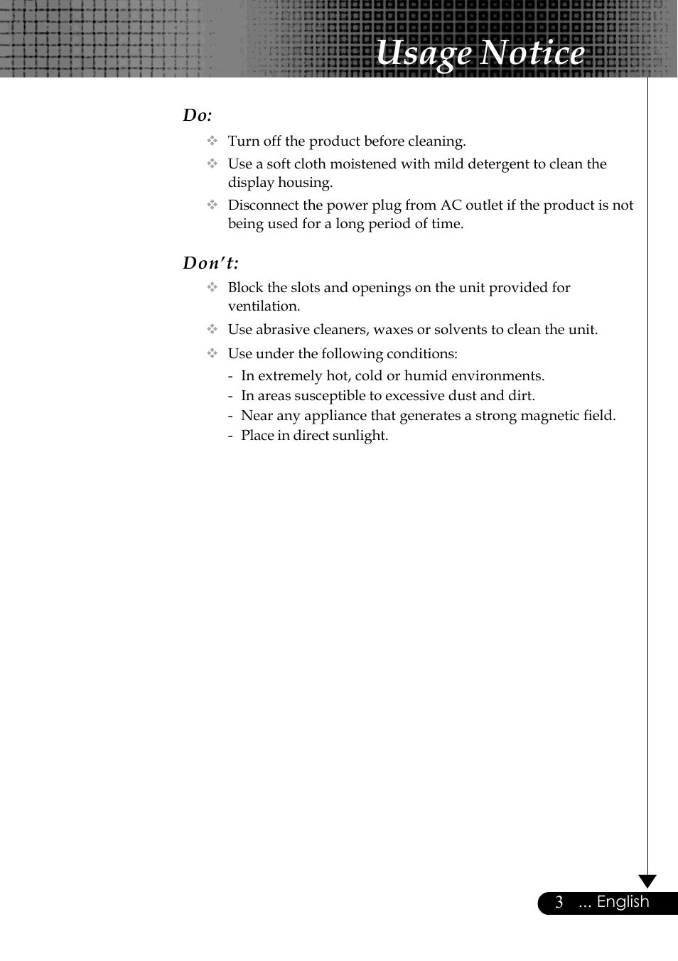 Usage notice | Optoma Optoma EP729 User Manual | Page 3 / 31