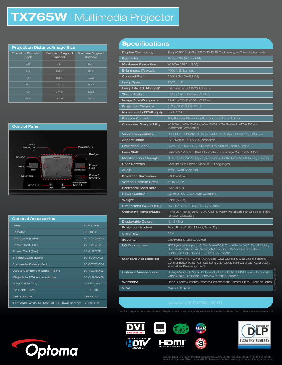 Tx765w, Multimedia projector | Optoma TX765W User Manual | Page 2 / 2