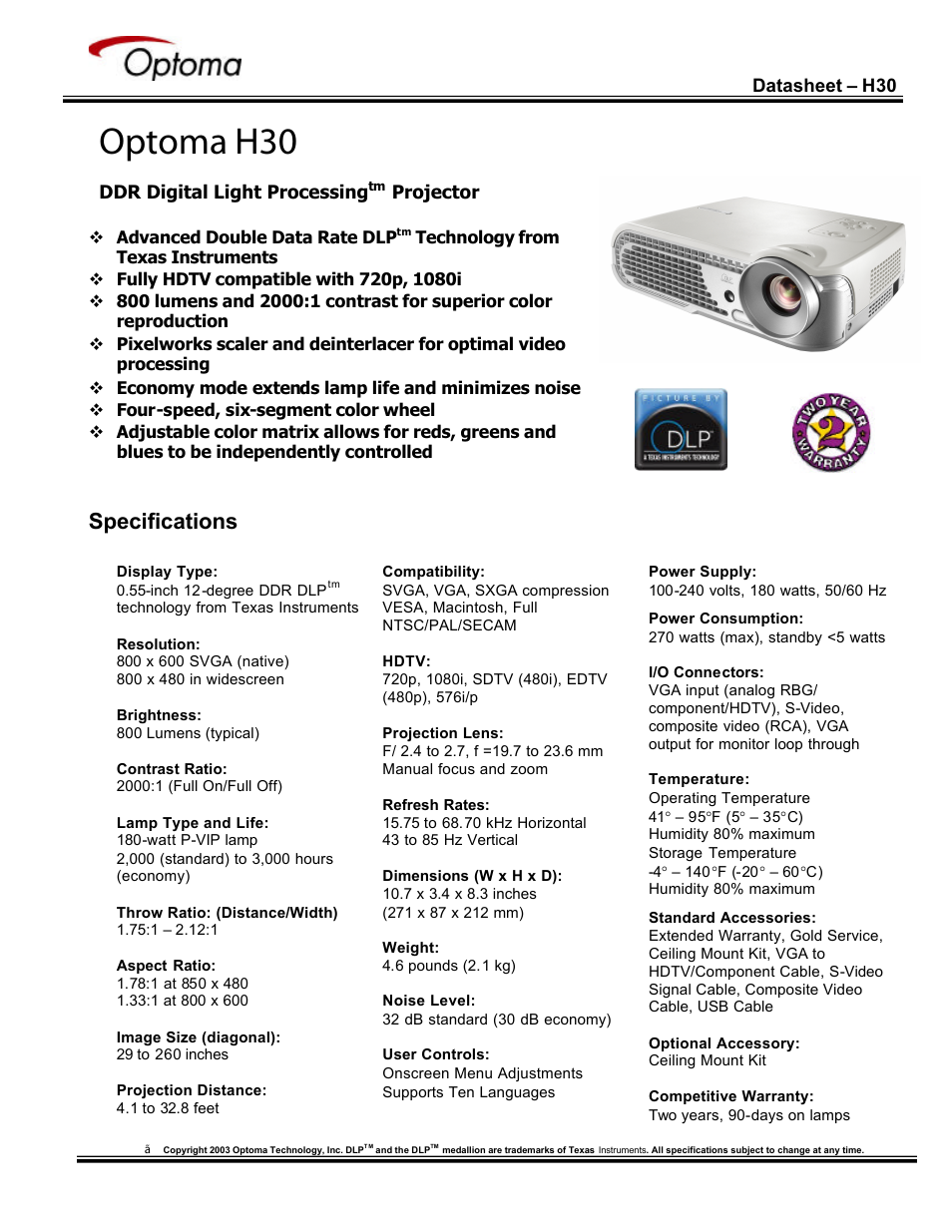 Optoma Optoma H30 User Manual | 1 page