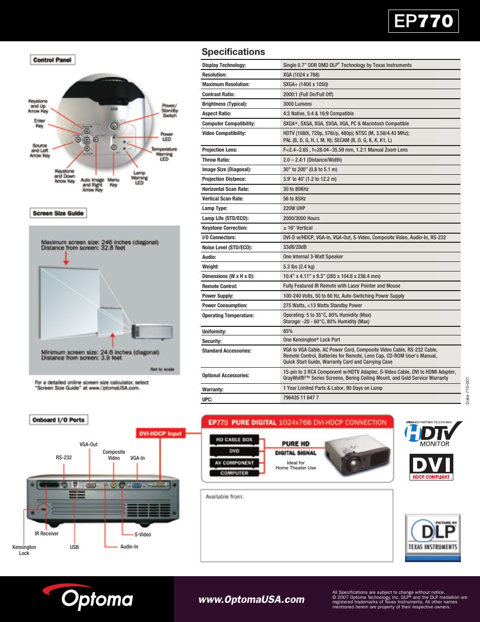 Ep 770, Specifications | Optoma Optoma EP770 User Manual | Page 2 / 2