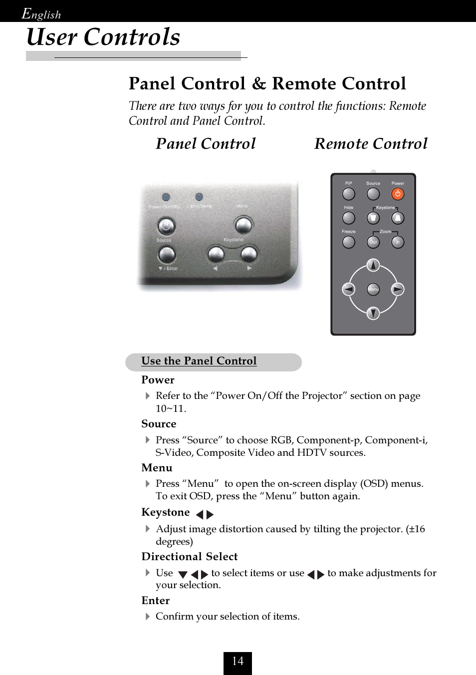 User controls, Panel control & remote control, Remote control panel control | Optoma Optoma EP725 User Manual | Page 14 / 30