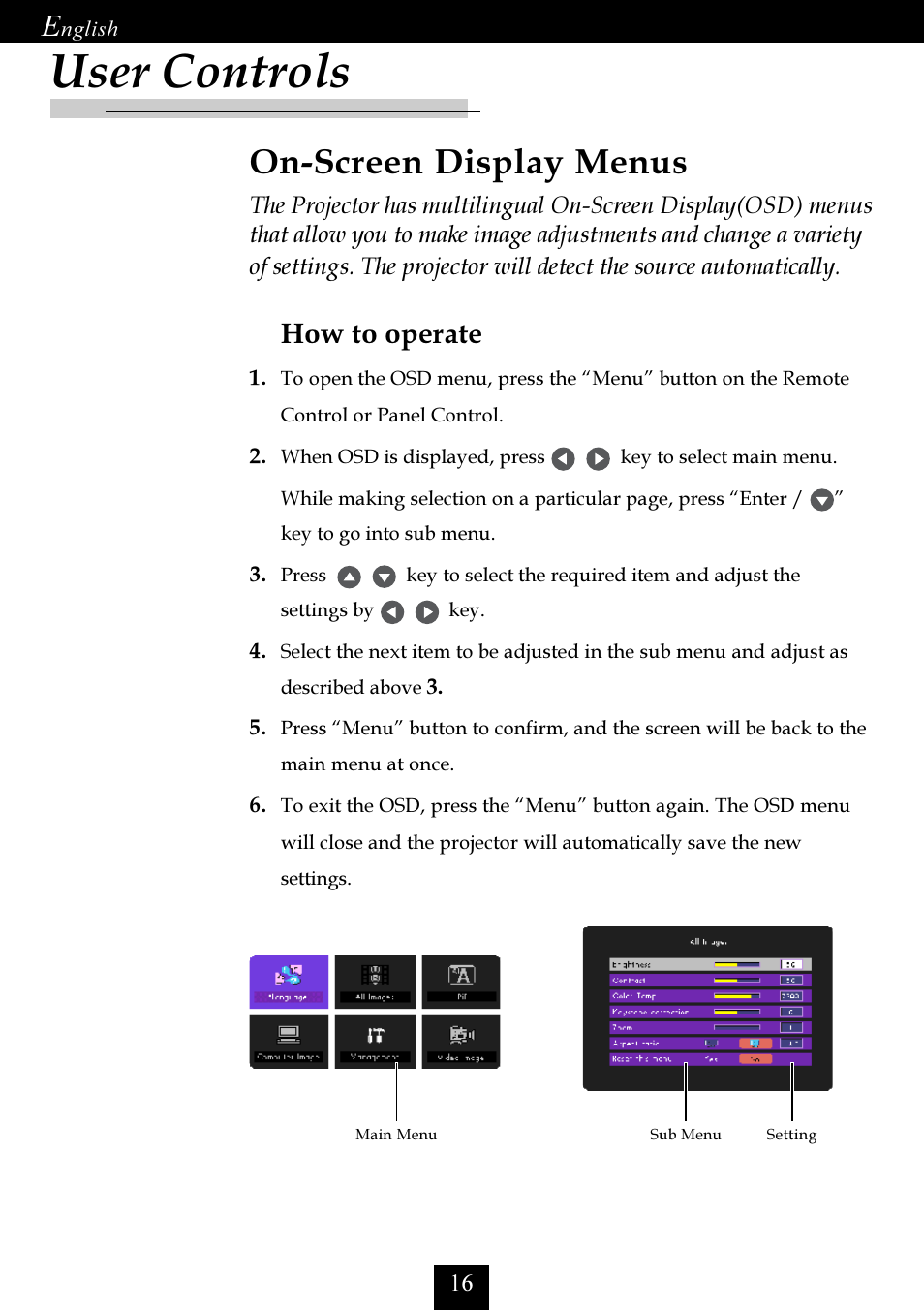 On-screen display menus, How to operate, User controls | Optoma Optoma EP725 User Manual | Page 16 / 30
