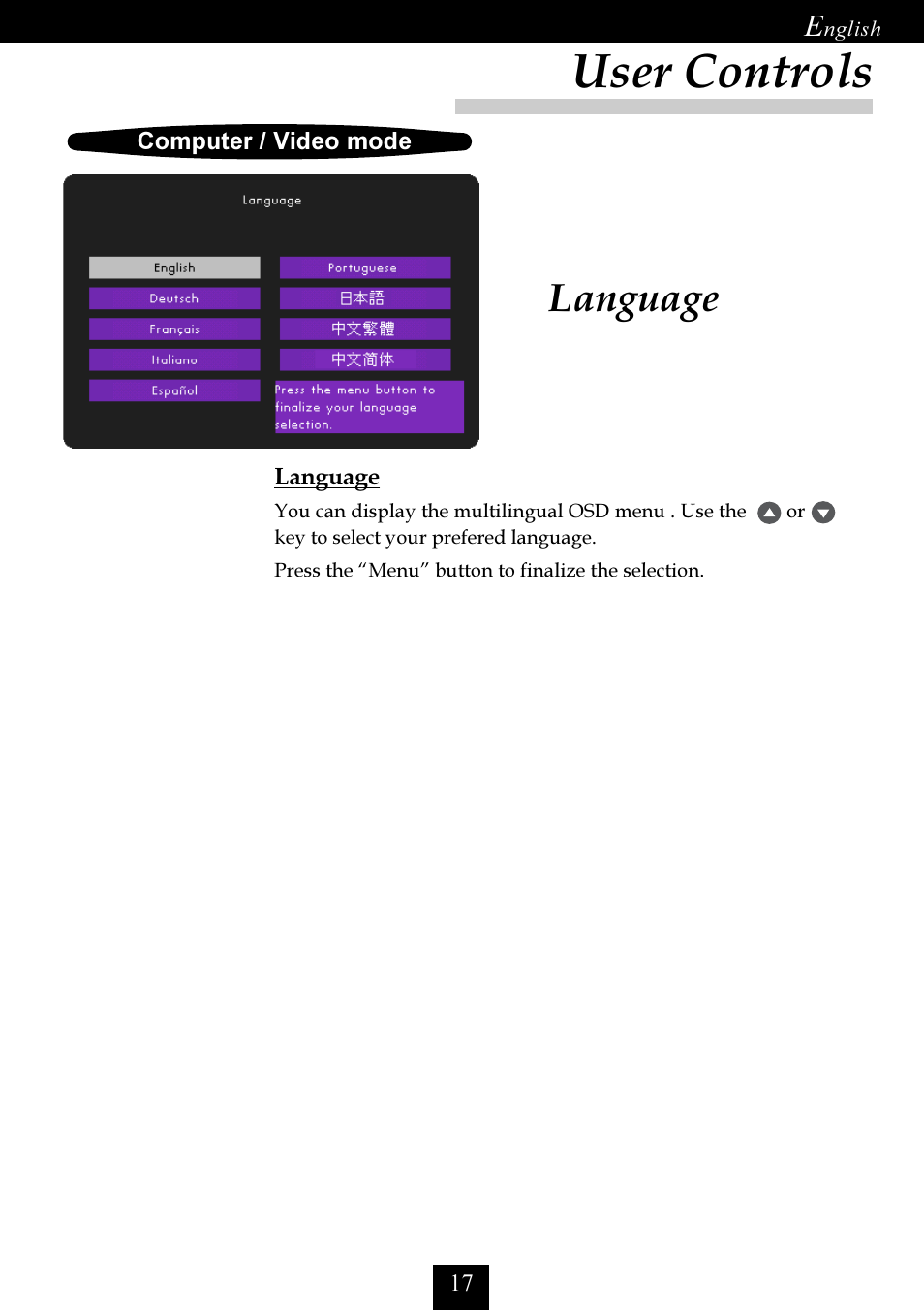 Language, User controls | Optoma Optoma EP725 User Manual | Page 17 / 30