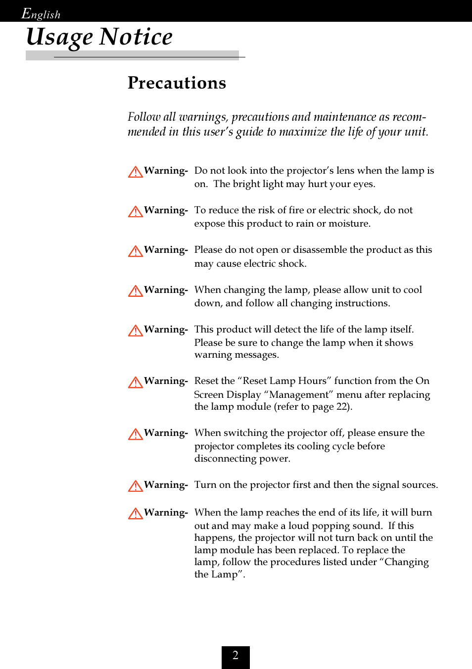 Usage notice, Precautions | Optoma Optoma EP725 User Manual | Page 2 / 30