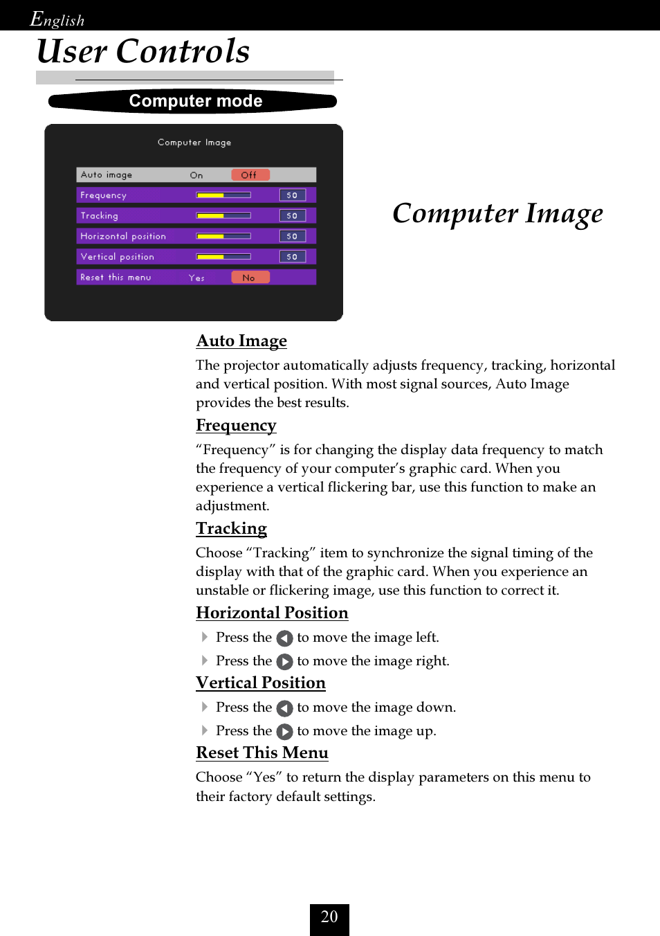 Computer image, User controls | Optoma Optoma EP725 User Manual | Page 20 / 30