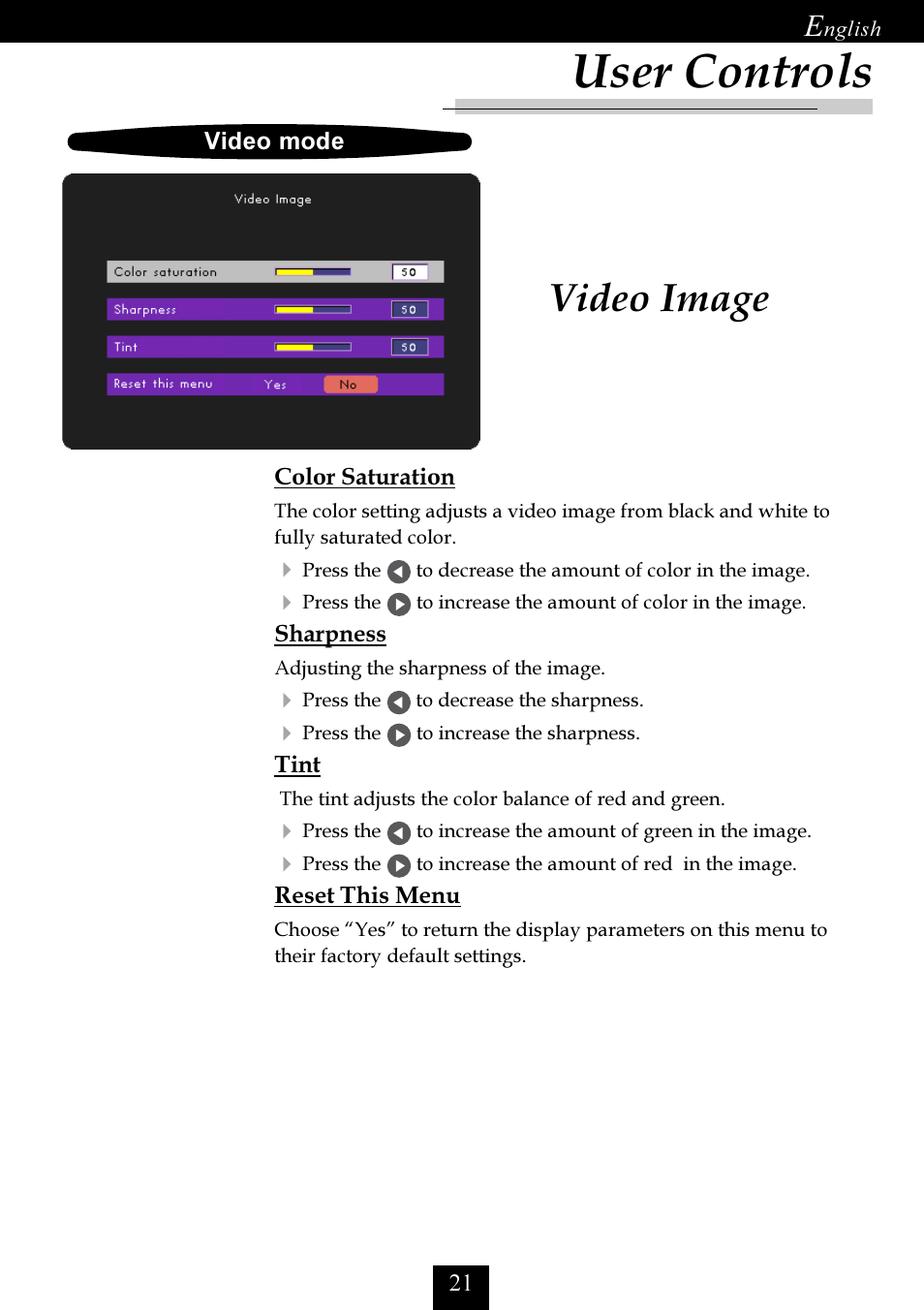 Video image, User controls | Optoma Optoma EP725 User Manual | Page 21 / 30