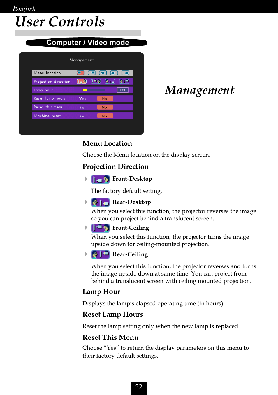 Management, User controls | Optoma Optoma EP725 User Manual | Page 22 / 30