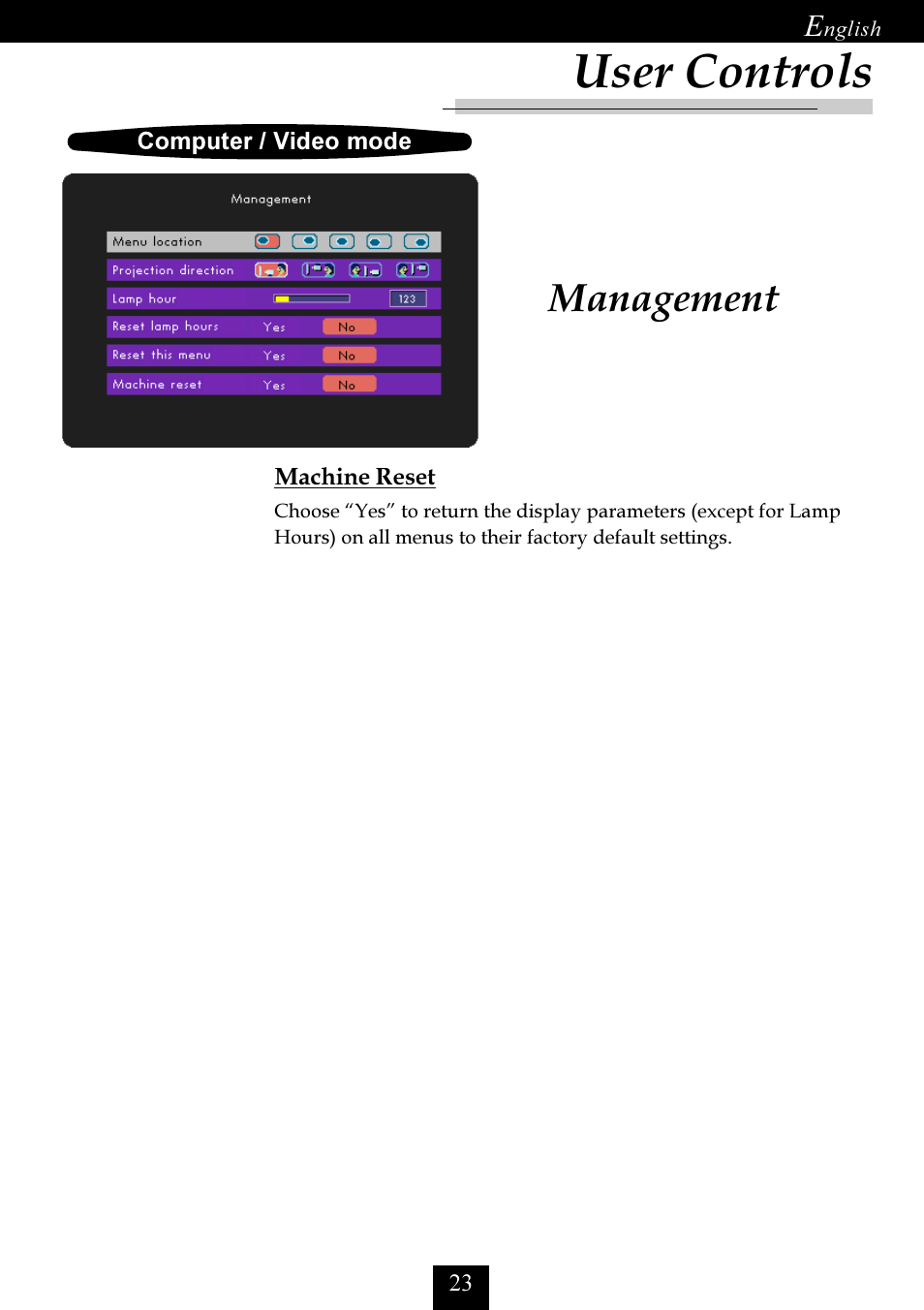 User controls, Management | Optoma Optoma EP725 User Manual | Page 23 / 30